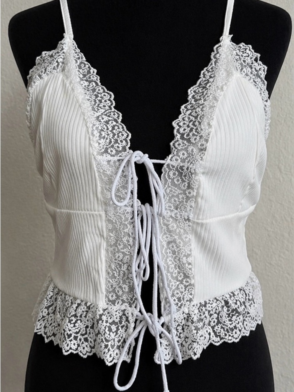 White Lace Tie Front Tank | Coquette Euro Summer Top | SHEIN Size S
